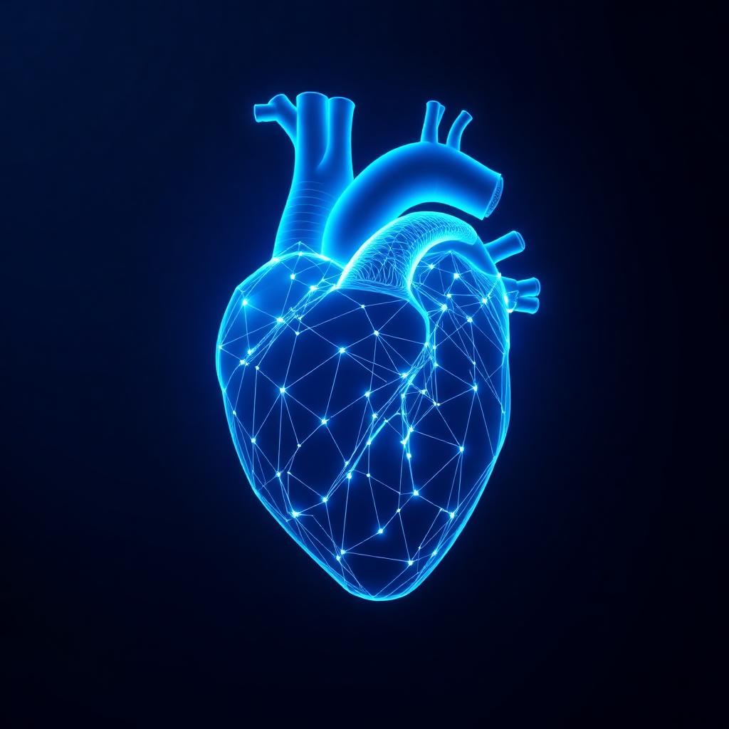 Visualización 3D de un corazón en tonos azules y cyan sobre fondo navy